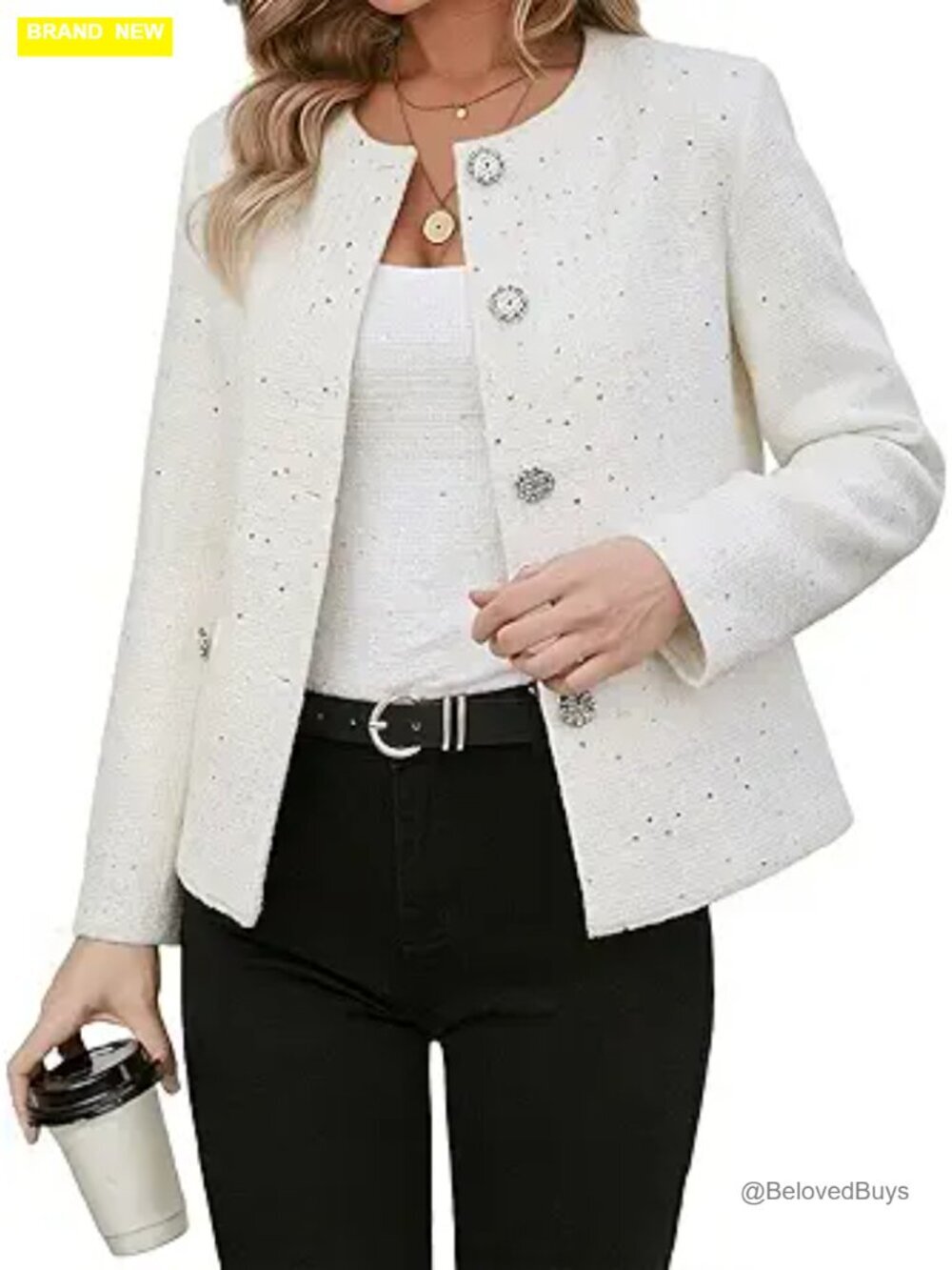 Short Tweed Sequin Blazer Casual Round Neck Sparkly Jacket